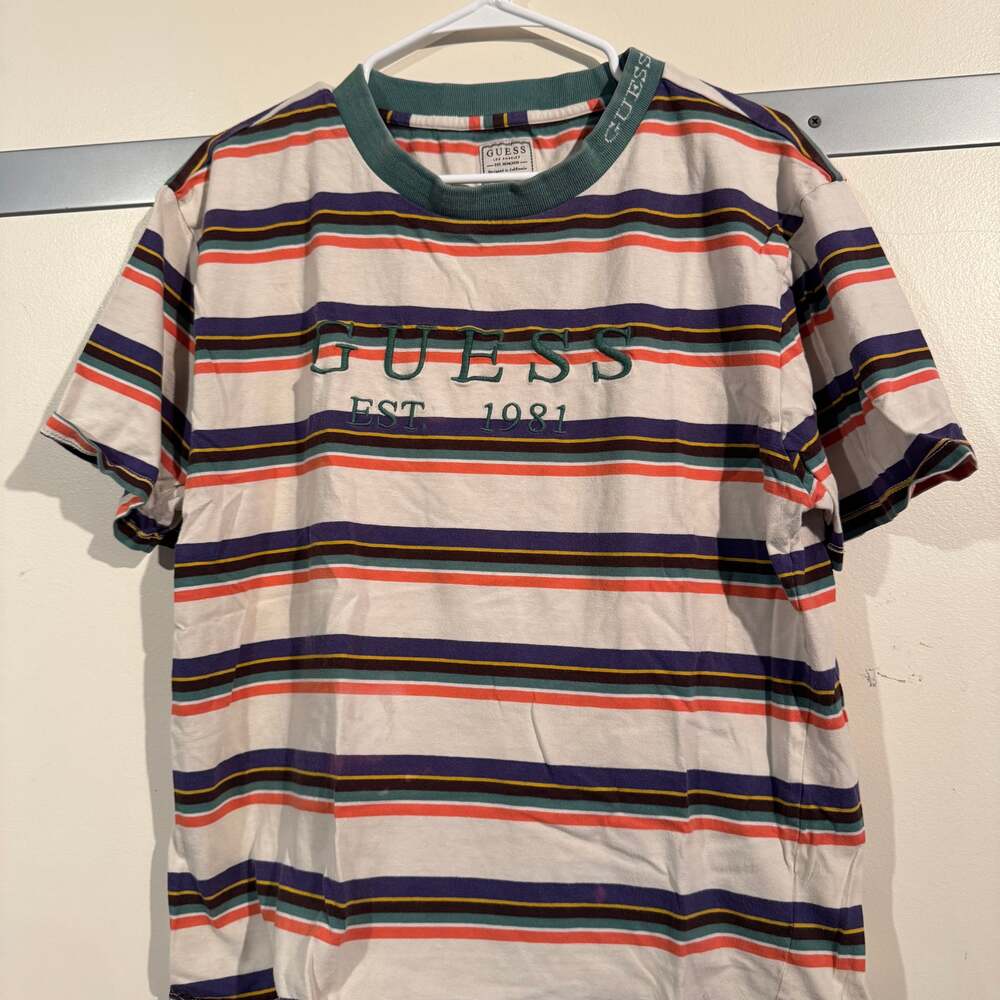 Vintage 90s Guess Originals Multi-Color Striped Embroidered Logo T-Shirt